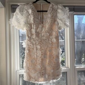White Floral Appliqué V-Neck Mini Dress